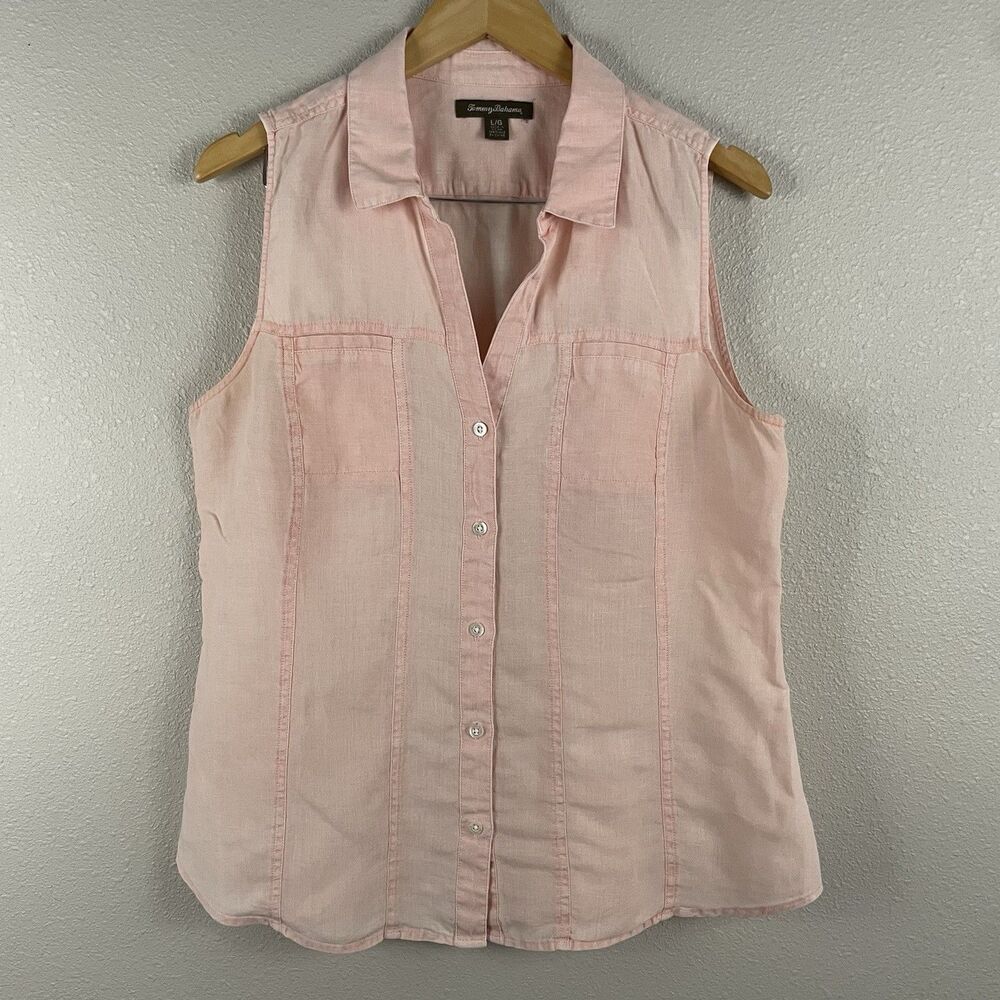 Tommy Bahama Womens 100% Linen Light Pink Sleeveless Collar Button Up Pocket